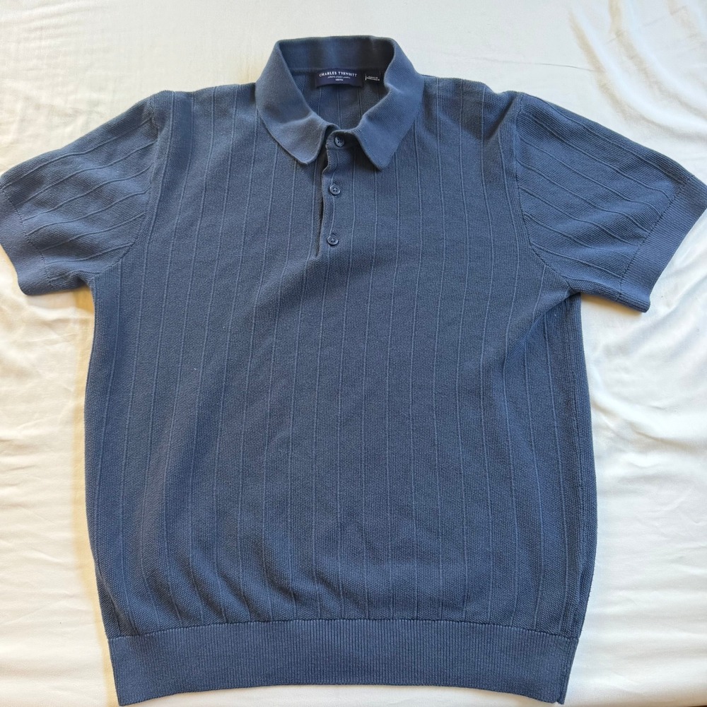 Charles Tyrwhitt Mens Blue 100% Cotton Ribbed Knit Short Sleeve Polo Shirt M